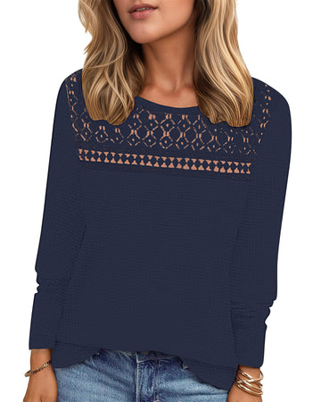 UVN Blouses for Women Fall Long Sleeve Crewneck Dressy Shirts Casual Waffle Knit Hollow Out Tunic Tops