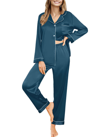 UVN Womens Pajamas Sets Long Sleeve Shirts and Long Pants Two Piece Lounge Sets Fall Satin Silk Pjs Sleepwear Outfits