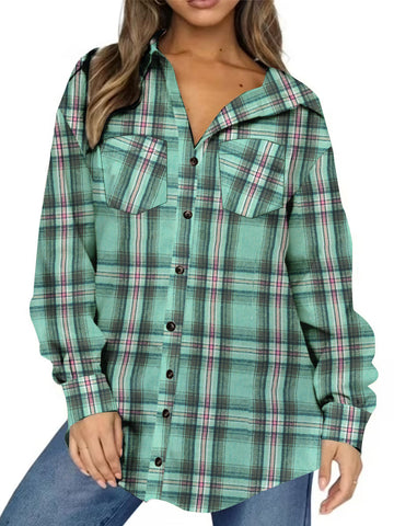 UVN Plaid Shirt for Women Oversized Flannel Long Sleeve Shirts Casual Button Down Blouse Tops with Pockets