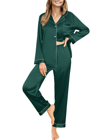 UVN Womens Pajamas Sets Long Sleeve Shirts and Long Pants Two Piece Lounge Sets Fall Satin Silk Pjs Sleepwear Outfits