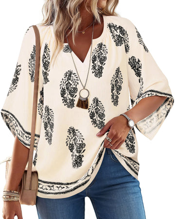 UVN Womens Summer Blouses Bohemian 3/4 Bell Sleeve Shirts for Women V Neck Flowy Casual Pleated Tops