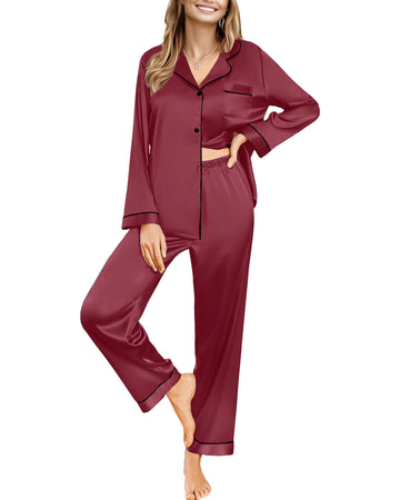 UVN Womens Pajamas Sets Long Sleeve Shirts and Long Pants Two Piece Lounge Sets Fall Satin Silk Pjs Sleepwear Outfits