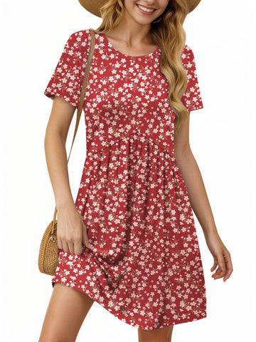 UVN Summer Dresses for Women Short Sleeve Pleated Midi Dress Casual Tunic Dresses with Pockets