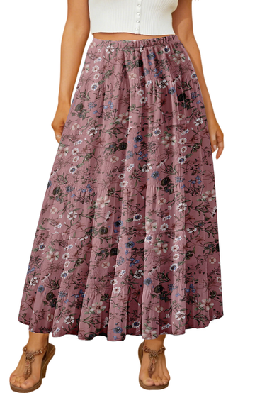 UVN Skirts for Women Summer Chiffon Pleated A-Line Long Skirt Elastic High Waist Swing Tiered Boho Beach Floral Print Maxi Skirts