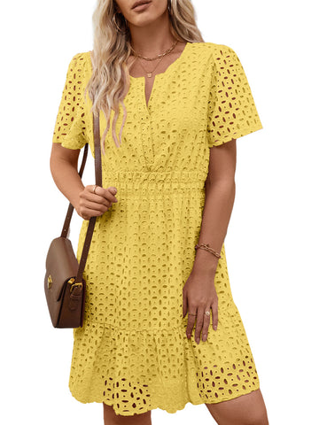 UVN Women Dress Summer Short Sleeve V Neck Dress Ladies Caual A Line Hollow Out Lace Beach Dresses