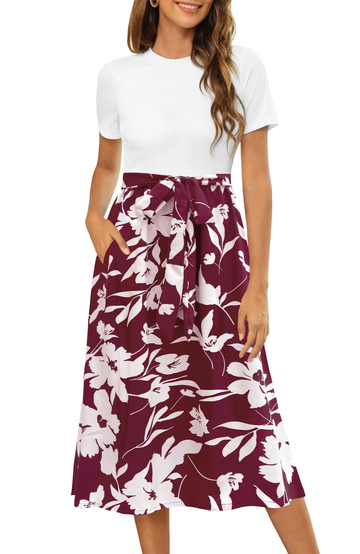 UVN Summer Dresses for Women Short Sleeve Ribbed Casual Midi Dress Ladies Floral Print Sundress with Pockets
