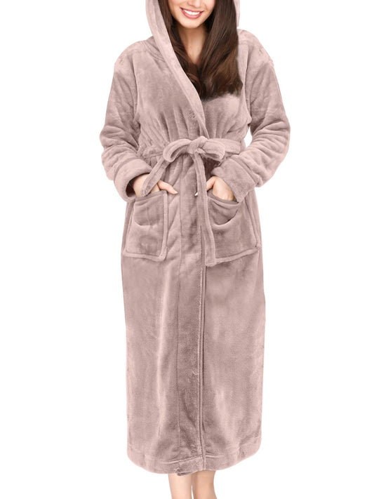 UVN Long Robes for Women Winter Plush Fleece Hooded Bathrobe Soft Cozy Fluffy Sleepwear Nightgown with Pockets