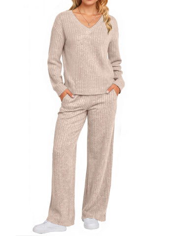 UVN Two Piece Sets for Women Casual Outfits Sets Textured Long Sleeve Shirts and Long Pants Lounge Set Fall Pajama Sets with Pockets