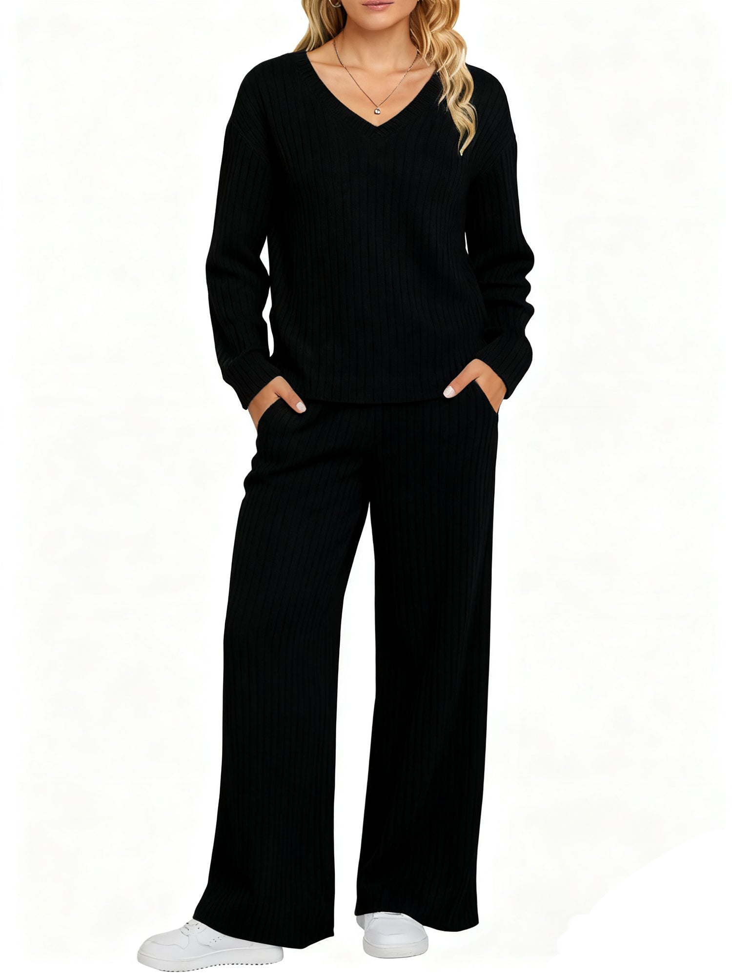 UVN Outfit Sets for Women Two Piece Sets Winter Casual Long Sleeve Tops and Long Pants Lounge Sets Ribbed Knit Pajama Sets with Pockets