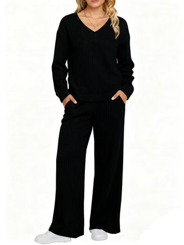 UVN Outfit Sets for Women Two Piece Sets Winter Casual Long Sleeve Tops and Long Pants Lounge Sets Ribbed Knit Pajama Sets with Pockets