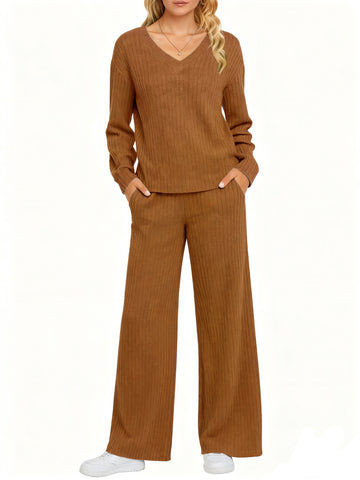 UVN Outfit Sets for Women Two Piece Sets Winter Casual Long Sleeve Tops and Long Pants Lounge Sets Ribbed Knit Pajama Sets with Pockets