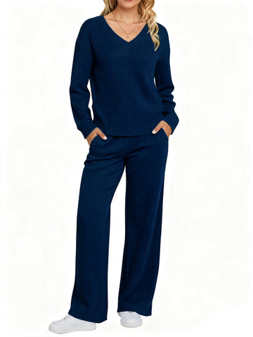 UVN Outfit Sets for Women Two Piece Sets Winter Casual Long Sleeve Tops and Long Pants Lounge Sets Ribbed Knit Pajama Sets with Pockets