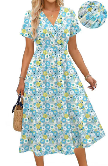 UVN Women Summer Dresses Short Sleeve V Neck A-Line Midi Dress Ladies Boho Beach Floral Print Sundress