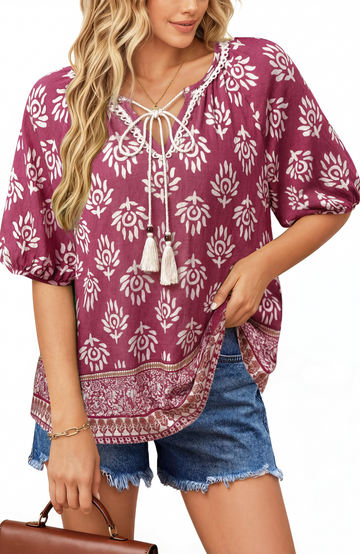 UVN Summer Tops for Women Short Sleeve V Neck Boho Casual Blouses Ladies Floral Print Tie Front Flowy Shirts