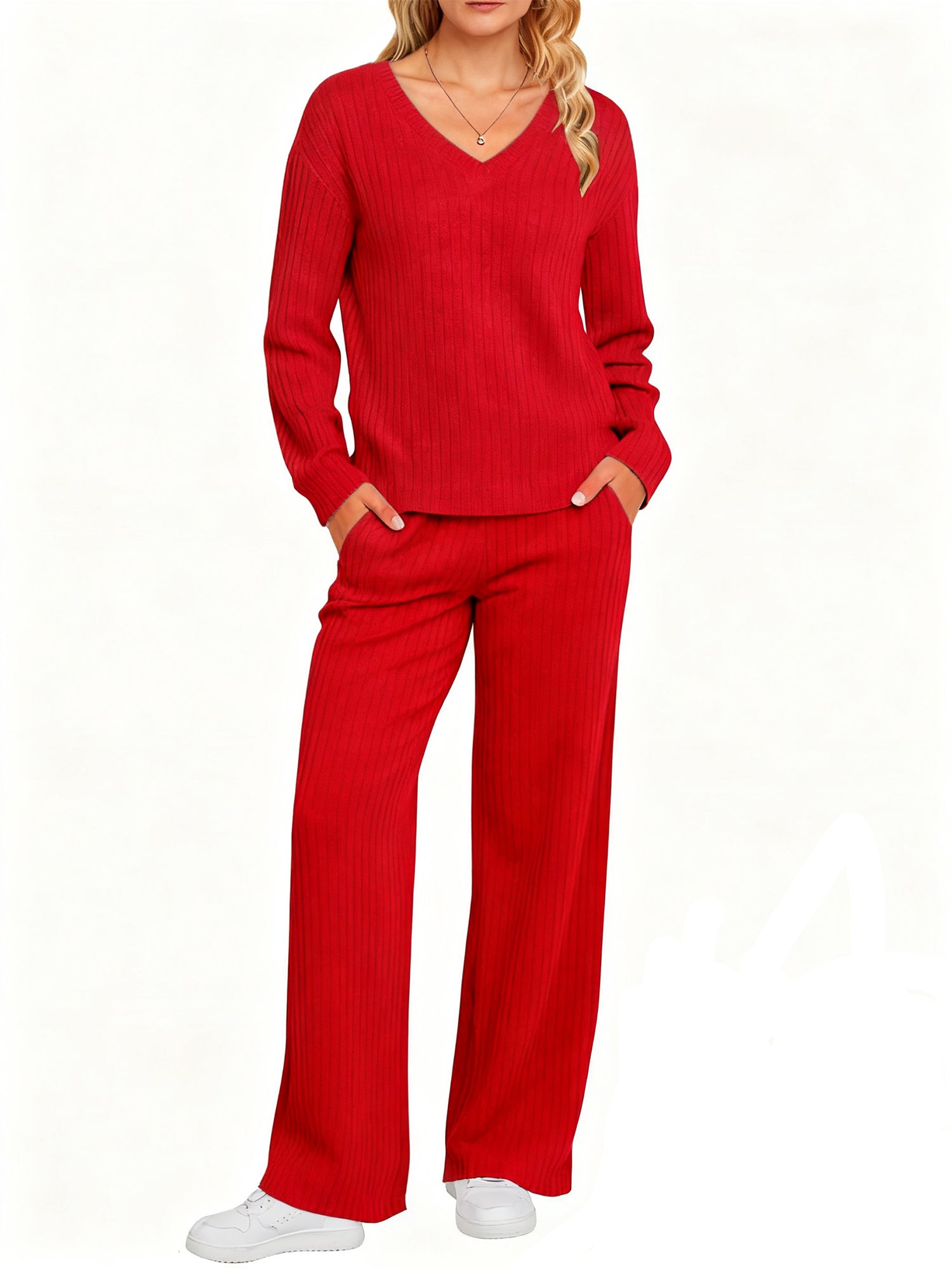UVN Outfit Sets for Women Two Piece Sets Winter Casual Long Sleeve Tops and Long Pants Lounge Sets Ribbed Knit Pajama Sets with Pockets