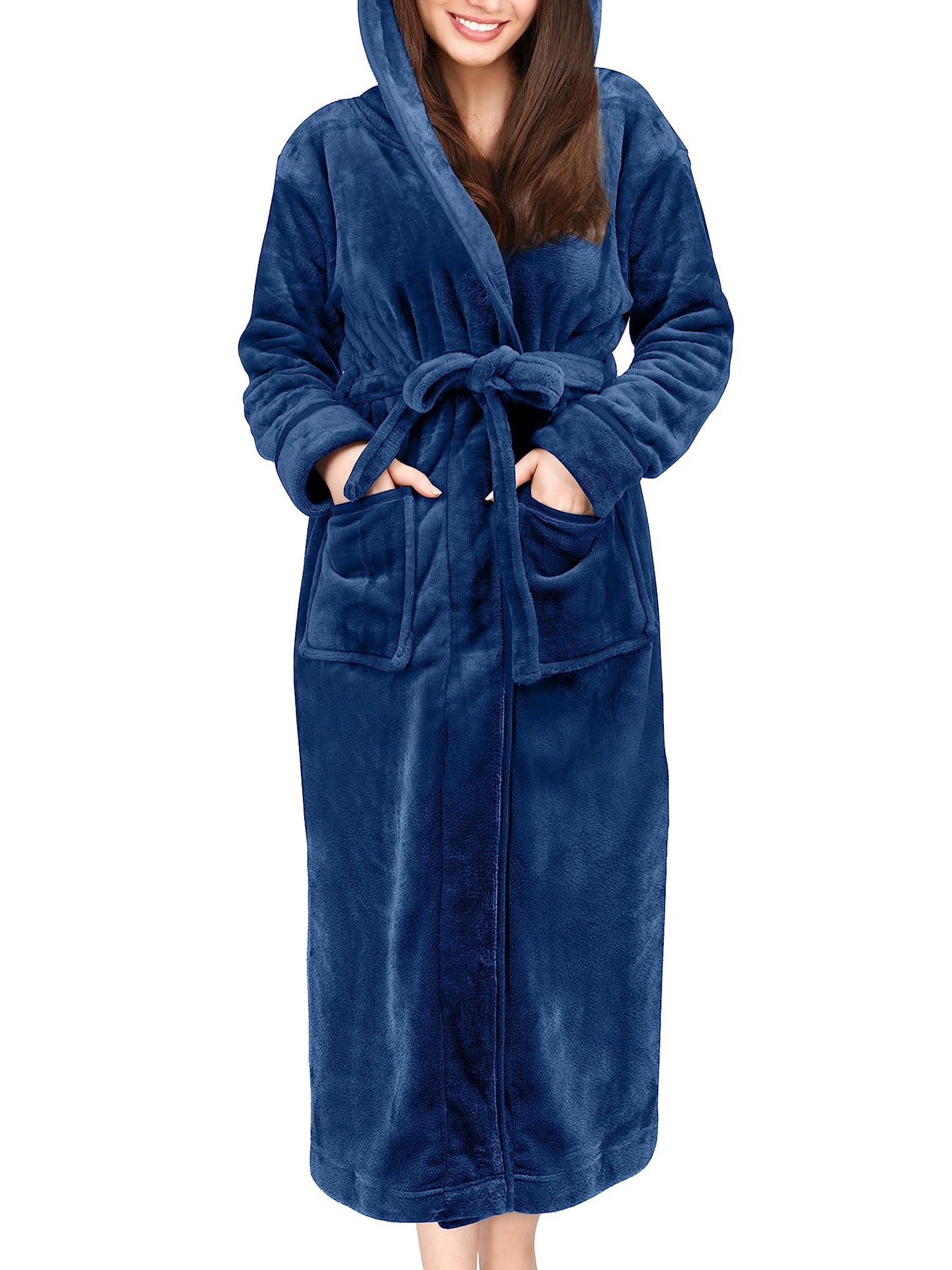 UVN Long Robes for Women Winter Plush Fleece Hooded Bathrobe Soft Cozy Fluffy Sleepwear Nightgown with Pockets