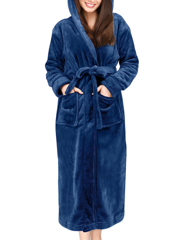 UVN Long Robes for Women Winter Plush Fleece Hooded Bathrobe Soft Cozy Fluffy Sleepwear Nightgown with Pockets