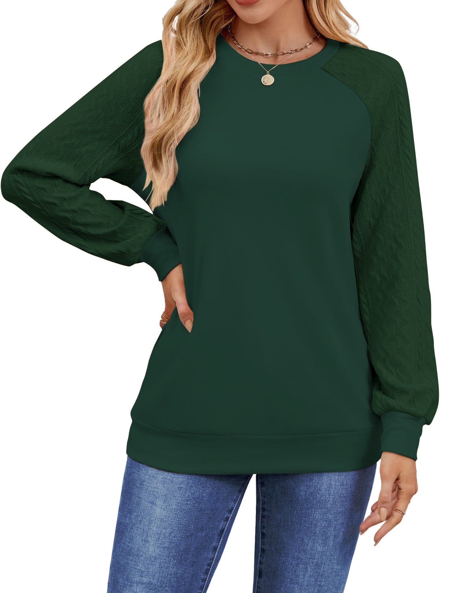 UVN Sweatshirts for Women Crewneck Cable Knit Sleeve Sweaters Casual Fall Tunic Tops