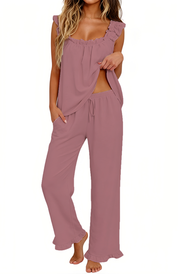 UVN Pajamas for Women 2 Piece Ruffle Strap Tops and Long Pants Ladies Casual Sleepwear Fall Lounge Pajama Sets