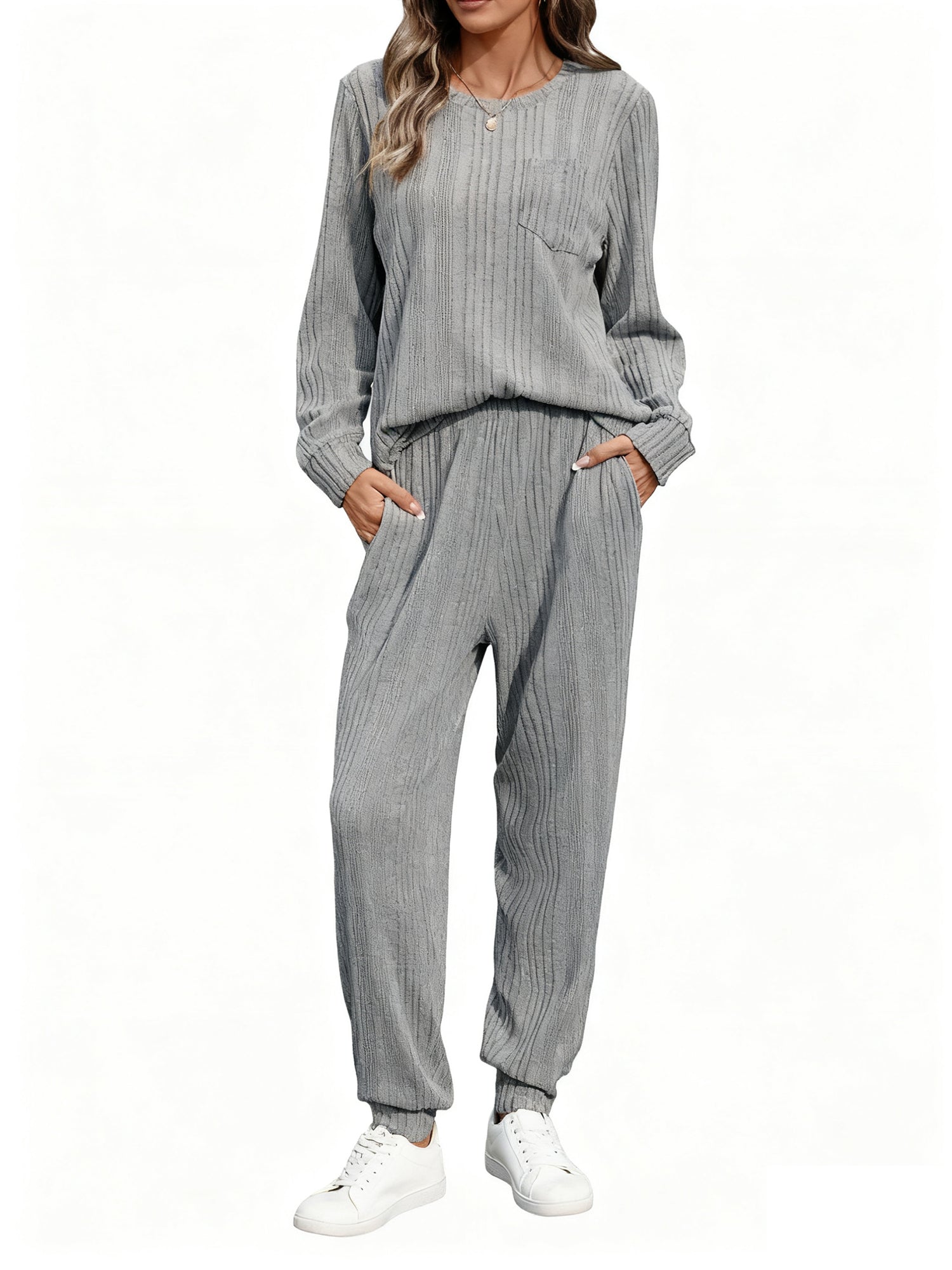 UVN Two Piece Sets for Women Casual Outfits Sets Textured Long Sleeve Shirts and Long Pants Lounge Set Fall Pajama Sets with Pockets