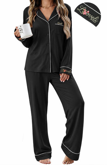 UVN Fall Pajama Set for Women Embroidered Floral Button Up Tops with Drawstring Pocket Pants Ladies Casual Lounge Set