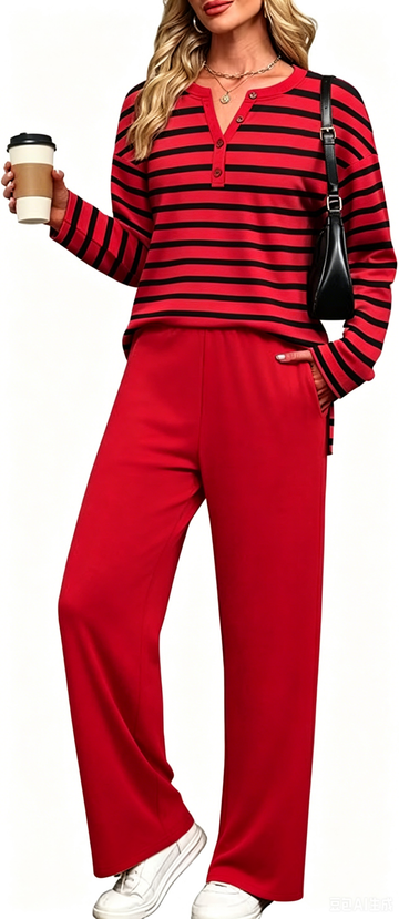 UVN Two Piece Outfits Sets for Women Casual Color Block Striped Sweatsuits Long Sleeve V Neck Button Henley Shirts Wide Leg Pants Tracksuits Travel Lounge Matching Sets with Pockets