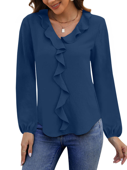 UVN Blouses for Women V Neck Long Sleeve Shirts Dressy Casual Ruffle Chiffon Tops