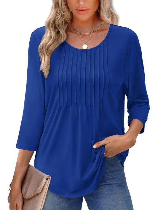 UVN Women Summer Blouses 3/4 Sleeves Loose Fit Shirts Ladies Pleated Crew Neck Tunic Tops