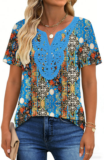UVN Blouses for Women Summer Short Sleeve V Neck Lace Shirts Dressy Casual Boho Tunic Tops