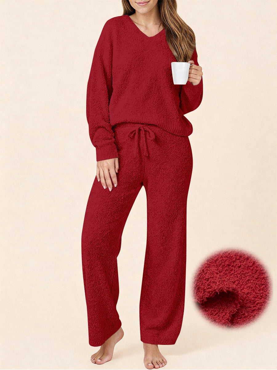 UVN Winter Pajama for Women Sweater Set Ladies V neck Tops and Long Pants Warm 2 Piece Loungewear