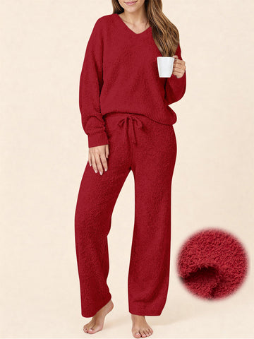 UVN Winter Pajama for Women Sweater Set Ladies V neck Tops and Long Pants Warm 2 Piece Loungewear