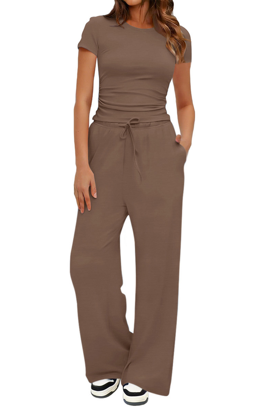 UVN Summer 2 Piece Outfit Set for Women Ruched Short Sleeve Tops and Wide Leg Pants with Pockets Casual Tracksuit Sets Ladies Loungewear