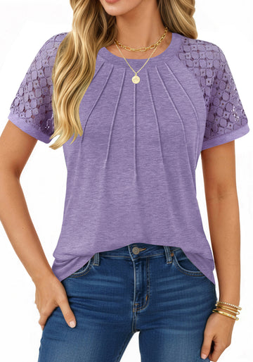 UVN Blouses for Women Short Sleeve Lace Tops Summer Casual Crewneck Pleated Shirts