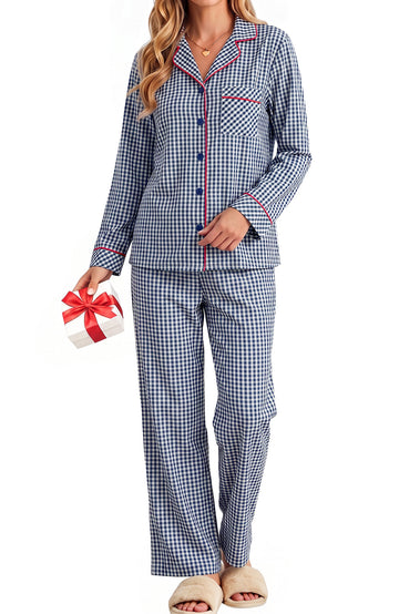 UVN Womens Cotton 2 Piece Pajama Set Fall Gingham Button up Top and Long Pant Casual Ladies Plaid Loungewear