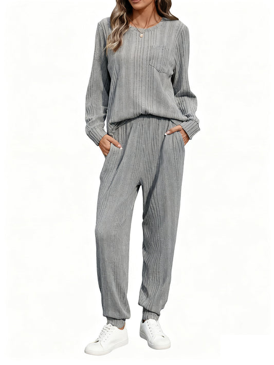 UVN Two Piece Sets for Women Casual Outfits Sets Textured Long Sleeve Shirts and Long Pants Lounge Set Fall Pajama Sets with Pockets