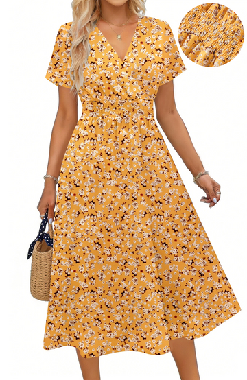 UVN Women Summer Dresses Short Sleeve V Neck A-Line Midi Dress Ladies Boho Beach Floral Print Sundress