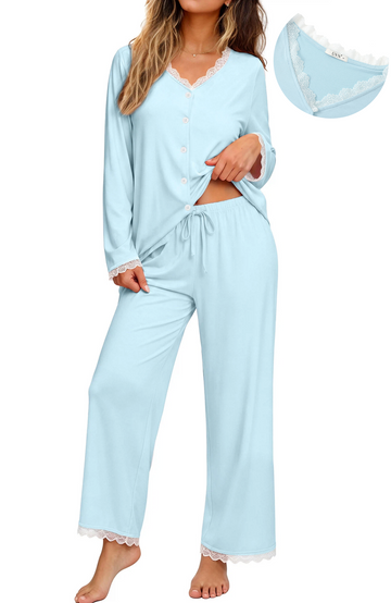 UVN Womens Pajama Sets Fall Long Sleeve Button Down Tops and Pants Two Piece Outfits Ladies Lace Sleepwear Soft Pjs Lounge Sets with Pockets