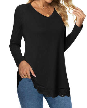 UVN Fall Tops for Women Long Sleeve Lace Trim V Neck Blouses Dressy Casual A Line Tunic Shirts