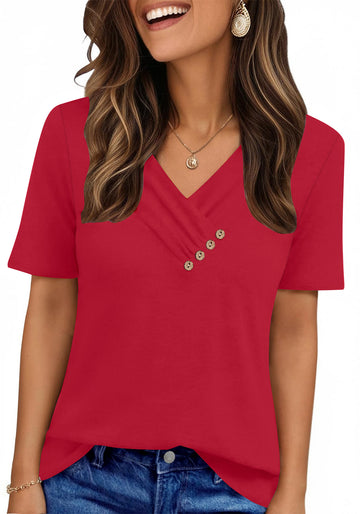 UVN Blouses for Women Summer Short Sleeve V Neck Button Shirts Dressy Casual Business Tunic Tops