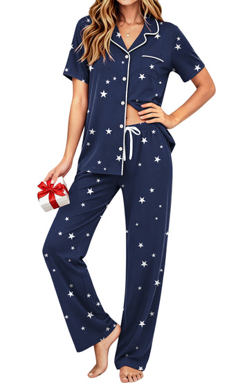 UVN Fall 2 Piece Pajamas for Women Short Sleeve Top and Long Pant Casual Button up Sleepwear Ladies Matching Set