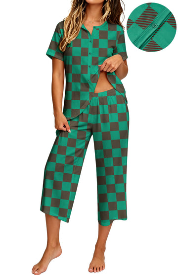 UVN Womens Pajama Sets Short Sleeve Button Down Tops and Capri Pants 2 Piece Outfit Soft Pjs Sleepwear Loungewear with Pockets