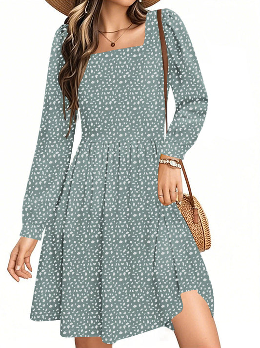 UVN Dresses for Women Fall Long Sleeve Square Neck Dress Boho Floral Print Midi Dresses with Pockets