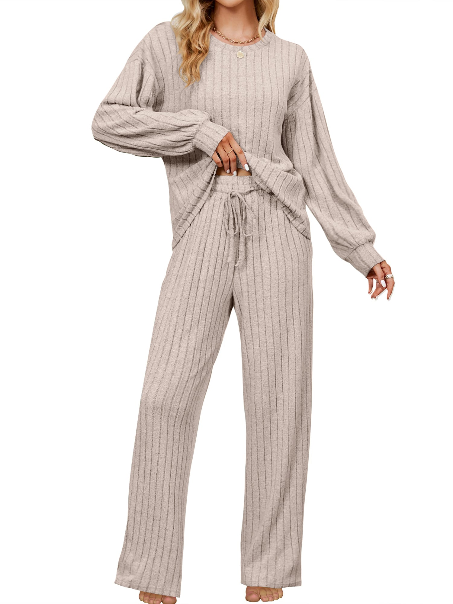 UVN Pajama Sets for Women Long Sleeve Lounge Set Ribbed Knit Sleepwear 2 Piece Pjs Soft Loungewear with Pockets