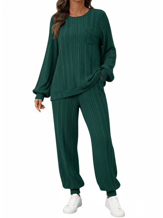UVN Two Piece Sets for Women Casual Outfits Sets Textured Long Sleeve Shirts and Long Pants Lounge Set Fall Pajama Sets with Pockets