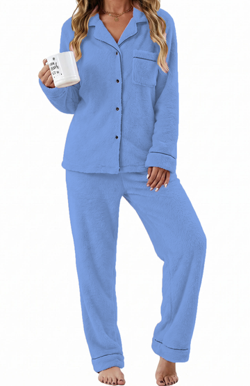UVN Fuzzy Womens Pajama Winter 2 Piece Button up Loungewear Set for Women Long Sleeve Top and Long Pant Fleece Sleepwear with Pockets