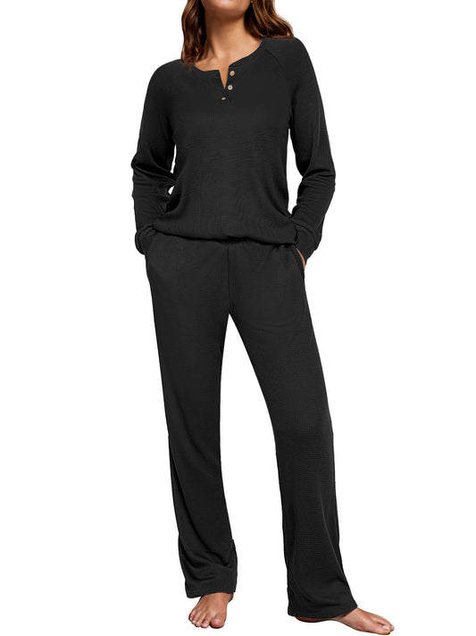 UVN Pajama Sets for Women Waffle Knit Lounge Sets Long Sleeve Henley Shirts and Long Pants Sleepwear 2 Piece Pjs Soft Comfy Loungewear with Pockets