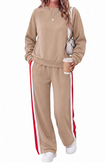 UVN Fall 2 Piece Outfit Set for Women Long Sleeve Top and Color Block Pants Ladies Casual Lounge Matching Set