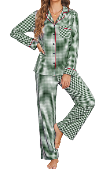 UVN Womens 2 Piece Pajama Set Fall Gingham Button up Top and Long Pant Casual Ladies Plaid Loungewear Set with Pockets