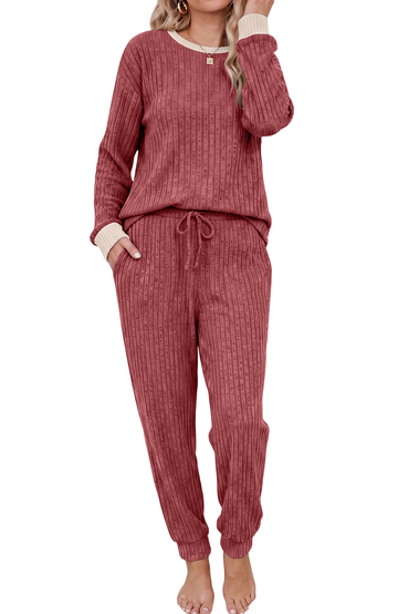 UVN Womens Pajama Set Two Piece Color-blocked Long Sleeve Top and Long Pants Ladies Fall Matching Oufits Casual Loungewear