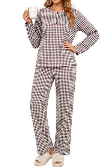 UVN Fall Pajamas for Women Plaid Henley Collar Long Sleeve Top and Wide Leg Pant Ladies Gingham Sleepwear with Pockets